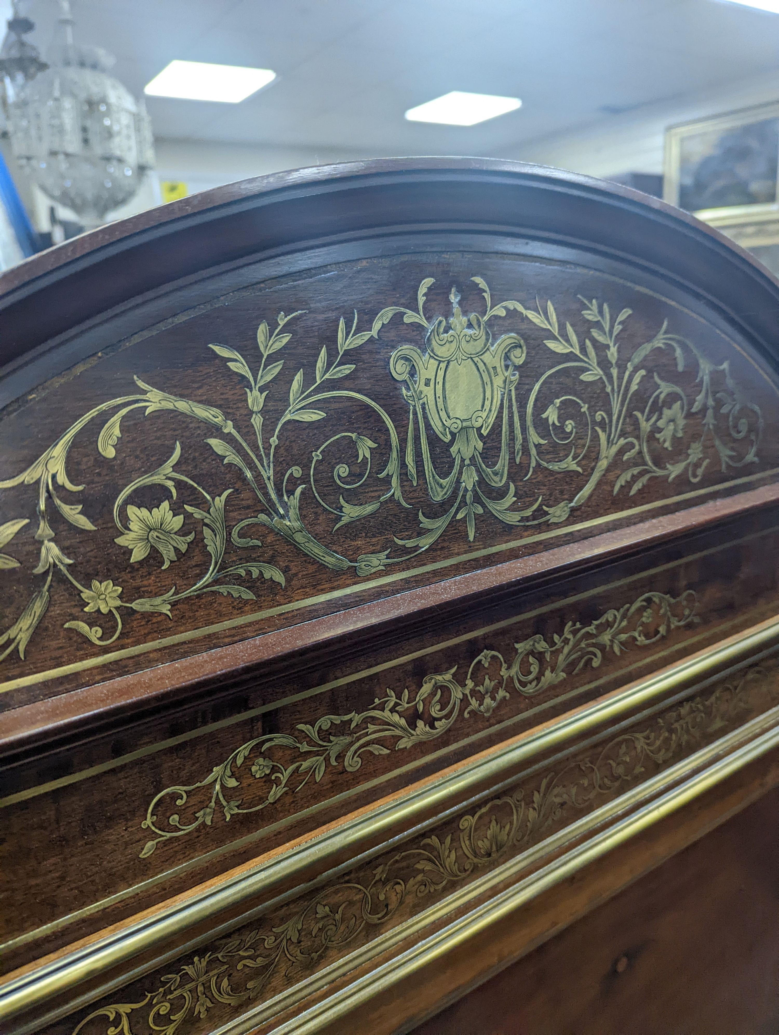 A Louis XVI style brass inlaid mahogany double bed frame, width 143cm, length 204cm